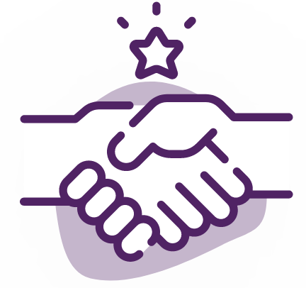 A stylized purple line drawing of two hands shaking, symbolizing agreement or partnership. Above the hands, there is a small star with lines radiating outward, suggesting success or achievement in processes. The background features an abstract, rounded purple shape.